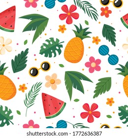 Summer pattern with fruits, leaves and flowers. Vector illustration in flat style