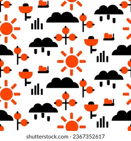 Summer pattern with geometric flat objects. Vector seamless pattern with a summer mood. Geometric symbols of the spring theme sun, clouds, berries, butterflies, grass, rain, flowers. Minimalistic