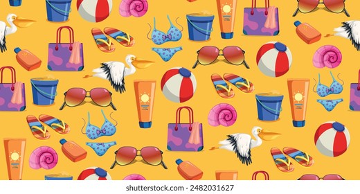 Summer pattern - glasses, cream, slippers, shell, pelican, summer bag, children's bucket.