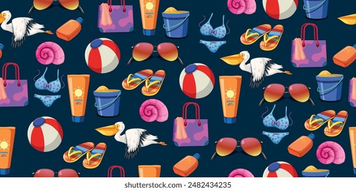 Summer pattern - glasses, cream, slippers, shell, pelican, summer bag, children's bucket. Blue background.