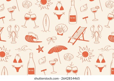 Padrão de verão com óculos, maiô, concha, prancha de surf, estrela-do-mar, onda, coquetel, sol, espreguiçadeira em estilo retro minimalista