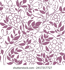 Summer pattern with grape vine and rosehip branches. Botanical background, vector illustration, seamless print, line sketch, freehand drawing.	