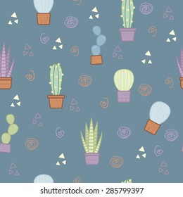 Summer pattern with green, spiny, striped cacti in pots with retro patterns