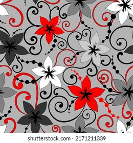 Summer pattern, grey, white and red flowers, grey background. Seamless floral pattern, hand drawn, vector.