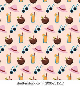 summer pattern with hat, coconut, and juice