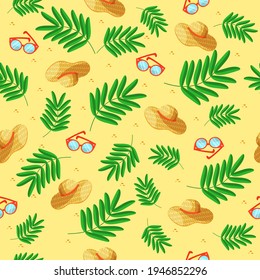 Summer pattern hats glasses on yellow background
