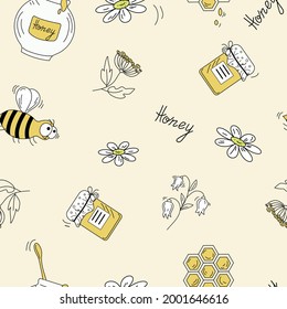 Summer pattern honey, flowers and bees in doodle style. Cartoon bees. Vector background.