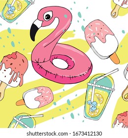 Summer pattern with ice cream and flamingos.