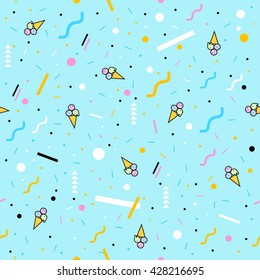 Summer pattern with ice cream and geometric shapes. Stylish and trendy fabric. Modern abstract wallpaper. Vector illustration. 