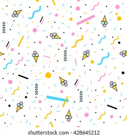 Patrón veraniego con helados y formas geométricas. Tejidos elegantes y modernos. Papel mural abstracto moderno. Ilustración vectorial. 