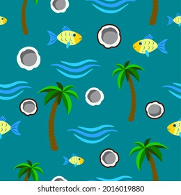 Summer pattern with the image of a goldfish, palm trees and coconuts