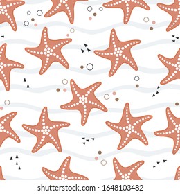 Summer pattern. Image of a module with drawing of a starfish. Modular vector to repeat.
