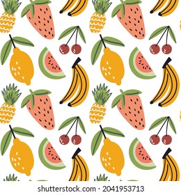 Summer pattern isolated on white background. Seasonal tropic doodle vector. Hand drawn cute flat seamless ornament. Ideal for vacation backdrop, web, banner, print. 