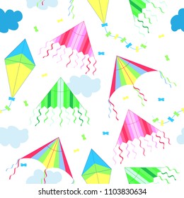 Summer pattern. Kite flying against the sky with clouds. Seamless texture, textiles, tiles. White backround