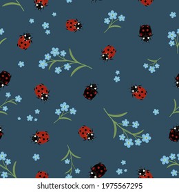 Summer pattern with ladybugs and forget-me-not plants on a dark background