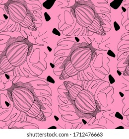 Summer pattern with a large snail. hand draws a shell, curl of a snail. Animal color texture. Abstract background, ink. Stylish model with an animal. Design for wallpaper, textile, packaging. manual 
