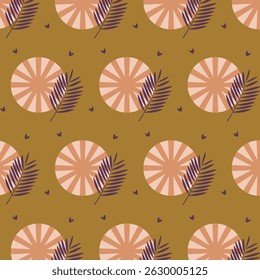 Summer pattern with leaves and beach umbrellas