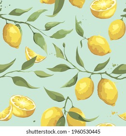 Summer pattern with lemon branch. Background with citrus fruits, vector illustration, print.	