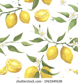 Summer pattern with lemon branch. Background with citrus fruits, vector illustration, print.	