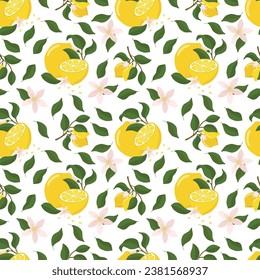 Patrón de verano con rama de limón, flores de limón. Fondo con frutos cítricos, ilustración vectorial, impresión. Adecuado para el diseño de embalajes, textiles y otras cosas.