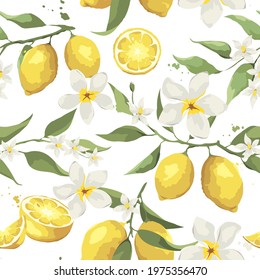 Summer pattern with lemon branch. and jasmine flowers. Background with citrus fruits, vector illustration, print.	