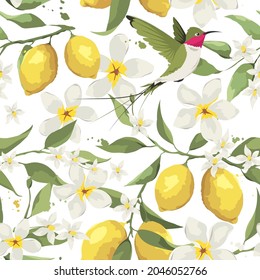 Summer pattern with lemon branch, jasmine flowers and bird. Background with citrus fruits, vector illustration, print.	