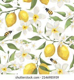 Patrón de verano con rama de limón, flores de jazmín y abejas. Fondo con frutos cítricos, ilustración vectorial, impresión.	 Vector de stock