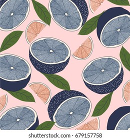 Summer pattern with lemons,leaves and grapefruits.Abstract,vintage pattern background with 3D,blue lemons and citrus fruits.For textile,texture,prints,wallpaper,t-shirt design.Vector illustration.