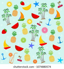 Summer pattern. Mint summer background with watermelon slice, pineapple, sun, palm tree, starfish, cocktail, boat, anchor and strawberry. Fashion print design. vector illustration 