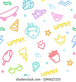 Summer pattern with old school tattoo elements in doodle style. Ornament for textile and wrapping. Vector color background.