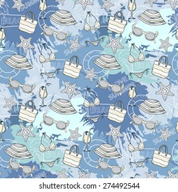 Summer  pattern on the background of colorful blue blots inks