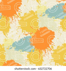 Summer pattern on the background of colorful blots inks.I love summer text with lifebuoy and palm trees