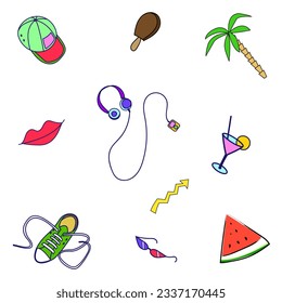 Summer pattern on a white background. Various colored objects.