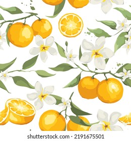 Summer pattern with orange branch and jasmine flowers. Seamless background with citrus fruits, vector illustration, print.	