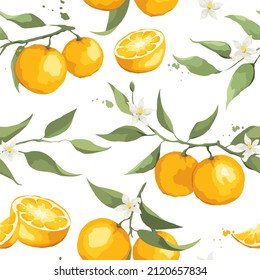 Summer pattern with orange branch. Seamless background with citrus fruits, vector illustration, print.	