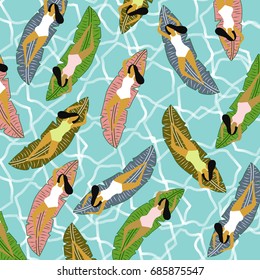 Summer pattern with palm leaves floats, women, bikini and pool, sea water background. Abstract, tropical, vintage, exotic pattern. For textile, texture, fabric, wallpaper, t-shirt design. Vector illustration.
