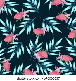 Patrón de verano con hojas de palma y flores rosas.Vintage, abstracto, tropical, exótico, floral   fondo.Para textiles,textura,impresiones,diseño de papel pintado.Ilustración vectorial.