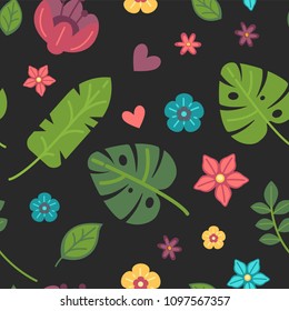 Summer pattern of palm leaves and tropical flowers