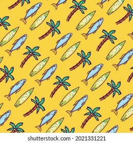 Summer pattern. palm tree. fish. surfboard. vector illustration