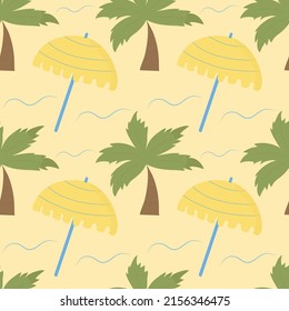 Summer pattern with palm trees and a beach umbrella on a yellow background. Cheerful pattern for fabrics, notepads, notebooks.