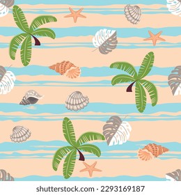 Patrón veraniego con palmeras.Conchas, hojas monsteras, pez estrella.Objetos sobre un fondo de rayas de color azul.Fondo tropical para imprimir sobre tela y papel.Ilustración plana de dibujos animados.