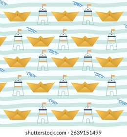 Summer pattern with paper boats and lighthouse. Illustration vector