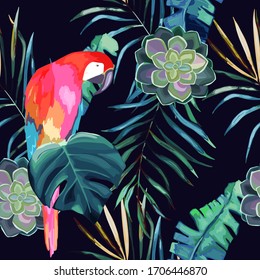 Summer pattern with  parrot, palm leaves and cactus. Vector illustration. Watercolor style