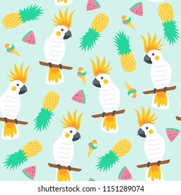 Summer pattern with parrot and pineapple. Vector illustration