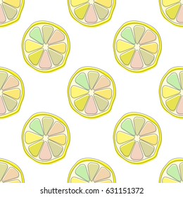Summer pattern in pastel shades. Multicolored lemon  slices, scattered in the style of polka dot. Seamless pattern for universal use. Drawing for fabric, wallpaper, textiles. Vector illustration EPS 8