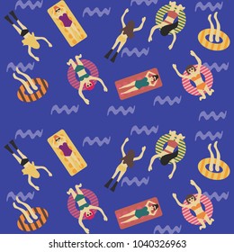 Summer pattern of people. Summer beach. Blue Sea or Ocean. Sea waves. Hot weather . People swim, dive and rest. A colorful illustration of summer. Vector illustration.