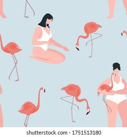 Summer pattern with people and flamingos. Vector seamless texture