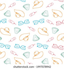 summer pattern with pictures of hats, watermelon, ice cream and glasses
