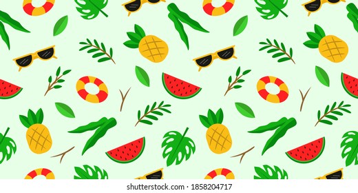 Summer pattern with pineappe, watermelon, monstera, glasses, float and other. Flat Summer Pattern