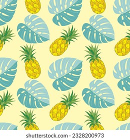 Summer pattern with pineapple doodle and blue monstera leaves, yellow background. Vector illustration